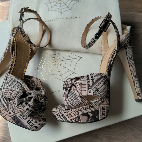 Charlotte Olympia Gazette News Print Platform Peep Toe Heels - Picture 5 of 12